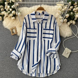 Spring Summer Autumn New Mid - Length Vertical Striped Multi - Color Shirt Jacket Women Korean Style Casual Loose Top Lapel - Zeprah
