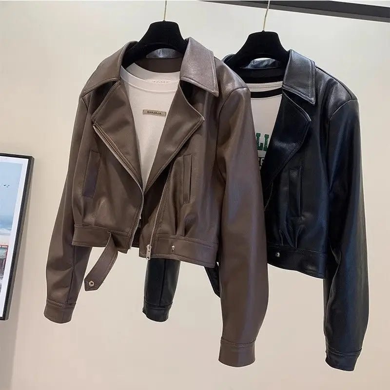 Spring Summer Casual Lightweight Sliming Women Petite Size Cropped Notched Lapel Short Vegan Leather Coat Faux Leather Jacket - Zeprah