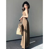 Spring Summer New Party Evening Design Knot Pleated V - neck Halter Slim Elegant Long Dress for Women - Zeprah