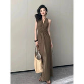Spring Summer New Party Evening Design Knot Pleated V - neck Halter Slim Elegant Long Dress for Women - Zeprah