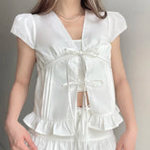 Spring Summer Women's Woven Blouse Sweet Solid Color Top Lace Trim V Neck Tie Belt Bubble Short Sleeves Eco - Friendly - Zeprah
