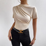 Spring/summer Small High Collar Pleated Slim Short Sleeve Ladies' T-shirt - Zeprah