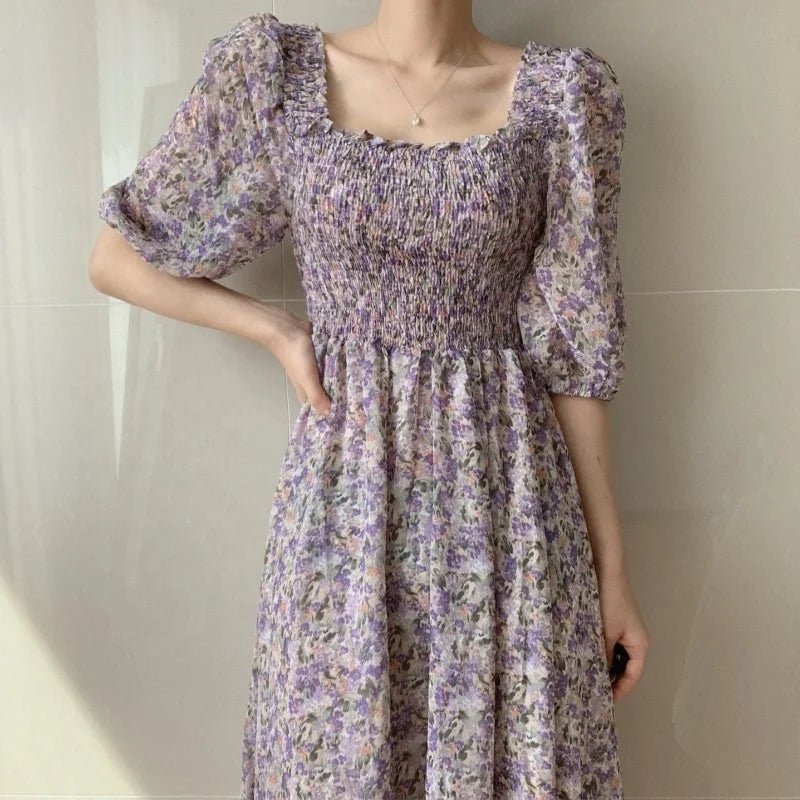 Square Collar Dress Puff Sleeve Women's Dresses Floral Printed Midi Dress - Zeprah