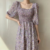 Square Collar Dress Puff Sleeve Women's Dresses Floral Printed Midi Dress - Zeprah