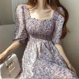 Square Collar Dress Puff Sleeve Women's Dresses Floral Printed Midi Dress - Zeprah