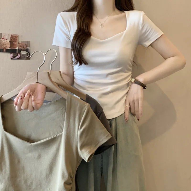 Square Collar Shoulder Short - sleeved T-shirt Women's Summer 2025 New Slim - fit Slimming Short Student Ruched T-shirt - Zeprah