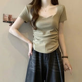 Square Collar Shoulder Short - sleeved T-shirt Women's Summer 2025 New Slim - fit Slimming Short Student Ruched T-shirt - Zeprah