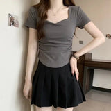 Square Collar Shoulder Short - sleeved T-shirt Women's Summer 2025 New Slim - fit Slimming Short Student Ruched T-shirt - Zeprah