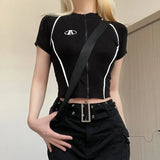 Stand Collar Graphic Tee Zipper Tops for Women Embroidery Short - Sleeved Tee - Zeprah