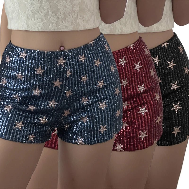 Star Print Patchwork Sequin Shorts Elastic Waist Low Rise Contrast Color Sexy Skinny Fit Eco - Friendly Anti - Wrinkle Shorts - Zeprah