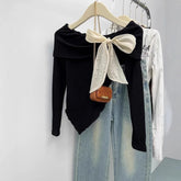 Straight Shoulder Long Sleeve Base Shirt Irregularity Long - sleeved Top Bow Long Sleeve Knit Base - Zeprah