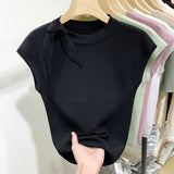 Strap Round Neck Short Sleeve T-shirt Knitted Trendy T-shirt 2025 Summer Slim - fit Tops for Women - Zeprah