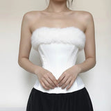 Strapless Corset Top with Faux Fur Trim Zip Front Patchwork Body Shaper Bustier Short Spring Summer Fashion Bandeau - Zeprah