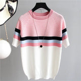 Streak Graphic Tee Ice Silk Knitting Tops for Women Splice Color Short - Sleeved Tee - Zeprah