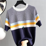 Streak Graphic Tee Ice Silk Knitting Tops for Women Splice Color Short - Sleeved Tee - Zeprah
