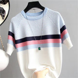 Streak Graphic Tee Ice Silk Knitting Tops for Women Splice Color Short - Sleeved Tee - Zeprah
