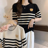 Streak Knitted Crop Top Ice Silk Women's Clothing Versatile Short - Sleeved Tee - Zeprah