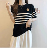 Streak Knitted Crop Top Ice Silk Women's Clothing Versatile Short - Sleeved Tee - Zeprah