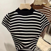 Streak Knitted Crop Top Mock Turtleneck Women's Clothing Best Sale Short - Sleeved Tee - Zeprah