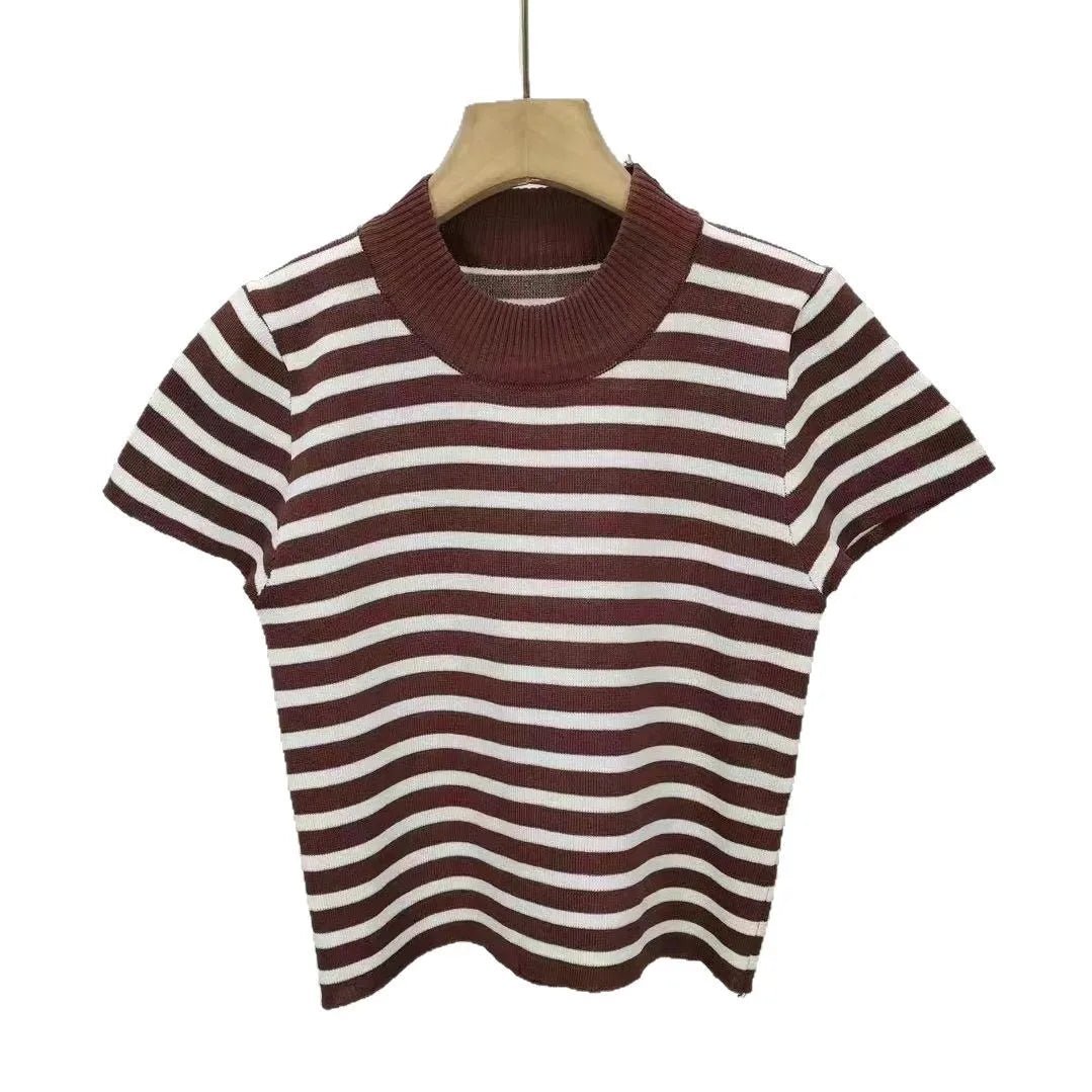 Streak Knitted Crop Top Mock Turtleneck Women's Clothing Best Sale Short - Sleeved Tee - Zeprah