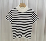 Streak Knitted Crop Top Mock Turtleneck Women's Clothing Best Sale Short - Sleeved Tee - Zeprah