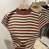 Streak Knitted Crop Top Mock Turtleneck Women's Clothing Best Sale Short - Sleeved Tee - Zeprah