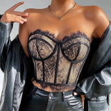 Street Hot Girl Sexy Boned Fitted Waist - Cinching Lace Bandeau Crop Top - Zeprah