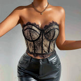 Street Hot Girl Sexy Boned Fitted Waist - Cinching Lace Bandeau Crop Top - Zeprah