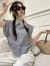 Stripe Chiffon Shirt Casual Tops for Women Loose - fit Short - sleeved Blouse - Zeprah