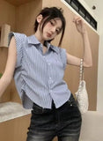 Stripe Chiffon Shirt Casual Tops for Women Loose - fit Short - sleeved Blouse - Zeprah