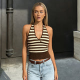 Striped Halter Camisole V - Neck Backless Sleeveless Short Top Fitted Knit Summer Tank Top - Zeprah
