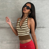 Striped Halter Camisole V - Neck Backless Sleeveless Short Top Fitted Knit Summer Tank Top - Zeprah