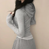 Striped Print Hoodie Jacket Waist - Cinching Zip - Up Knit Sweatshirt Sporty Utility Pocket Long Sleeve Top - Zeprah