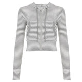 Striped Print Hoodie Jacket Waist - Cinching Zip - Up Knit Sweatshirt Sporty Utility Pocket Long Sleeve Top - Zeprah