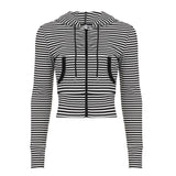Striped Print Hoodie Jacket Waist - Cinching Zip - Up Knit Sweatshirt Sporty Utility Pocket Long Sleeve Top - Zeprah