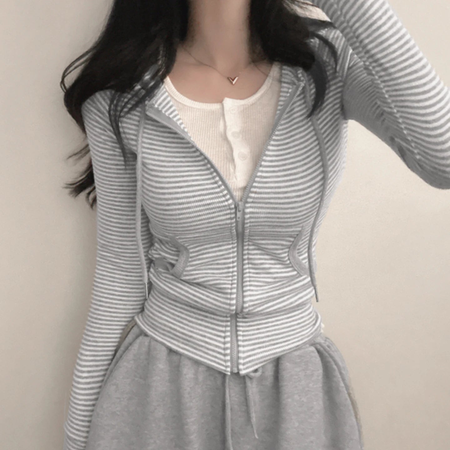 Striped Print Hoodie Jacket Waist - Cinching Zip - Up Knit Sweatshirt Sporty Utility Pocket Long Sleeve Top - Zeprah