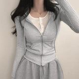 Striped Print Hoodie Jacket Waist - Cinching Zip - Up Knit Sweatshirt Sporty Utility Pocket Long Sleeve Top - Zeprah