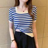 Striped Square Collar Short - sleeved T-shirt Women's Summer New Contrast Color Knitted Shirt Slim - fit Short Sleeve Top - Zeprah