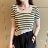 Striped Square Collar Short - sleeved T-shirt Women's Summer New Contrast Color Knitted Shirt Slim - fit Short Sleeve Top - Zeprah