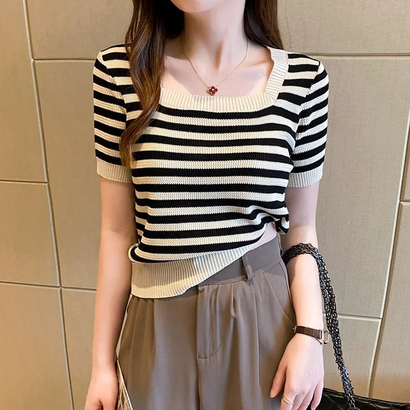 Striped Square Collar Short - sleeved T-shirt Women's Summer New Contrast Color Knitted Shirt Slim - fit Short Sleeve Top - Zeprah