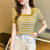 Striped Square Collar Short - sleeved T-shirt Women's Summer New Contrast Color Knitted Shirt Slim - fit Short Sleeve Top - Zeprah