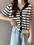 Striped Women's T-shirts Fashionable Knitted Tops for Women Simple Short Sleeve Top - Zeprah