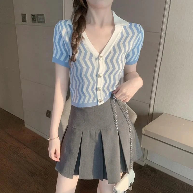 Summer 2025 New Lapel Stripe T-shirt High Waist Short Sleeve Women's Fashionable Slimming Top - Zeprah