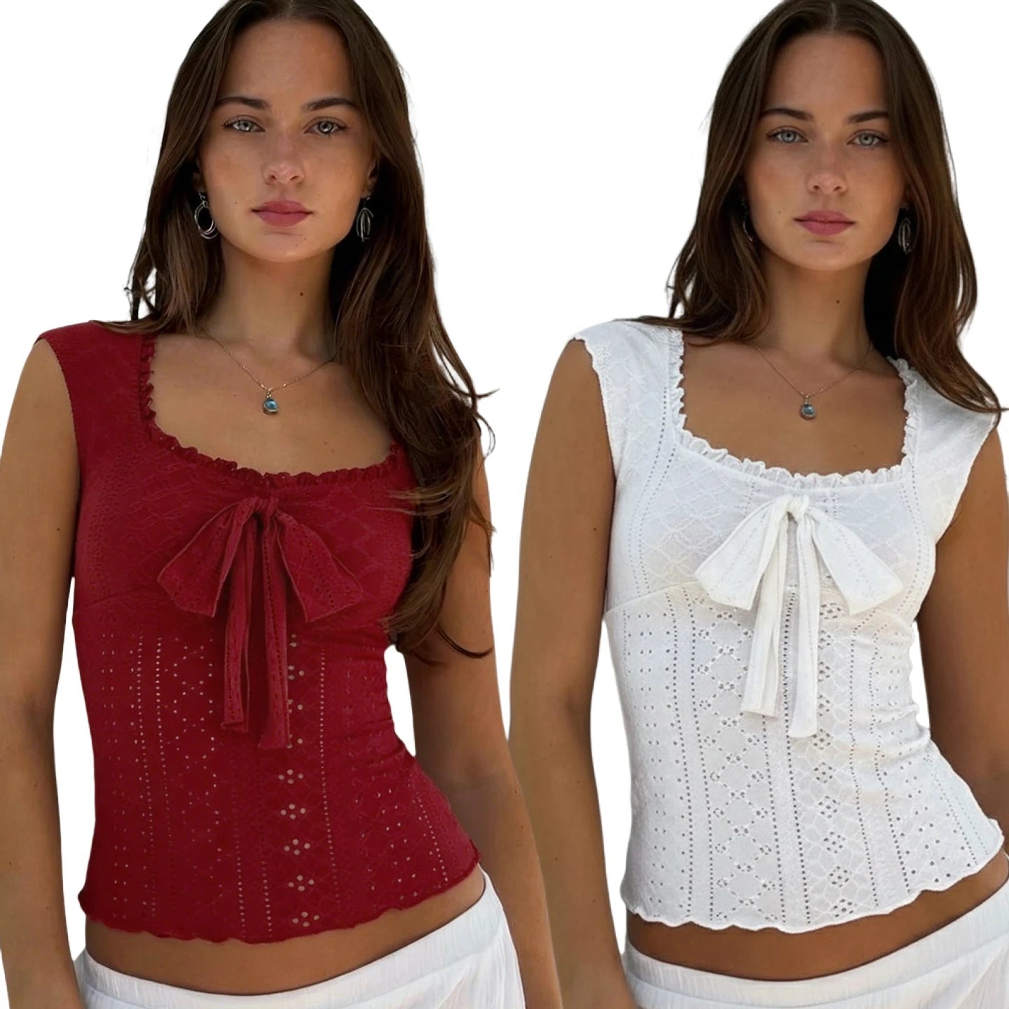 Summer Casual Breathable Eco - Friendly Sleeveless Tank Top Solid Color with Sweetheart Bow Lace Trim - Zeprah