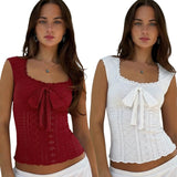 Summer Casual Breathable Eco - Friendly Sleeveless Tank Top Solid Color with Sweetheart Bow Lace Trim - Zeprah
