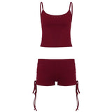 Summer Casual Knit Two - Piece Set Rivet Trim Sleeveless Camisole Low Waist Drawstring Shorts Breathable Eco - Friendly Comfort - Zeprah