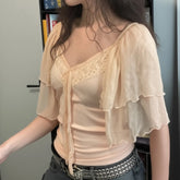 Summer Eco - Friendly Women's Slim Fit V - neck T-shirt Breathable Lace Quick Dry Home Leisure Cute Top - Zeprah