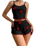 Summer European American Knitted Ribbed Heart Print Design Sweet Collarless Polyester Camisole Shorts Pure Women's Pajamas - Zeprah