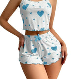Summer European American Knitted Ribbed Heart Print Design Sweet Collarless Polyester Camisole Shorts Pure Women's Pajamas - Zeprah
