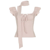 Summer Hot Sale Cute Pink Petal Sleeve Short Top Women Sexy V - Neck Ruched Slim Fit Quick Dry Breathable Anti - Pilling - Zeprah